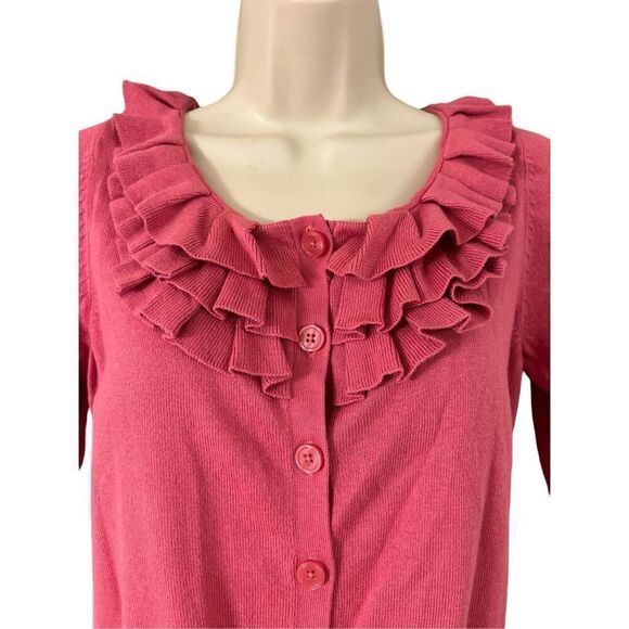 Worthington Women's Graceful Rose Ruffle Neck Cardigan Size Petite Medium - Picture 4 of 9